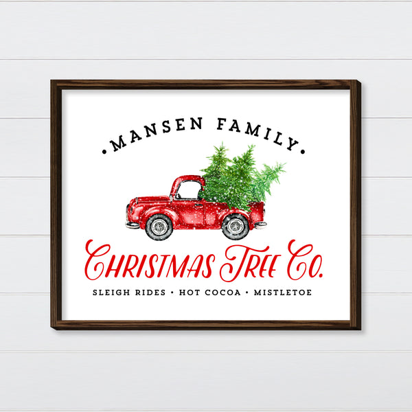 Christmas Tree Co. - Vintage Cherry Red Truck Canvas & Wood Sign Wall Art