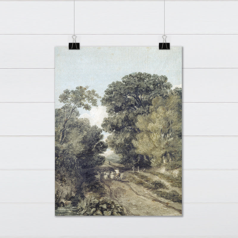 Rural Countryside Road Vertical Tall Trees - Vintage Green Landscape Painting Art Print