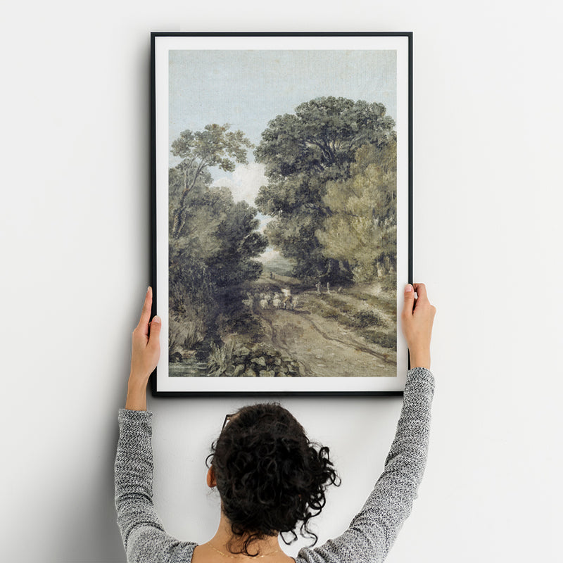 Rural Countryside Road Vertical Tall Trees - Vintage Green Landscape Painting Art Print