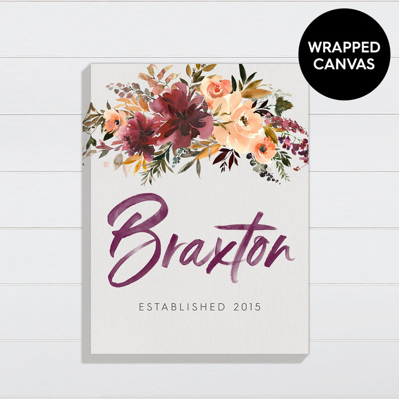 Fall Floral Last Name - Canvas & Wood Sign Wall Art