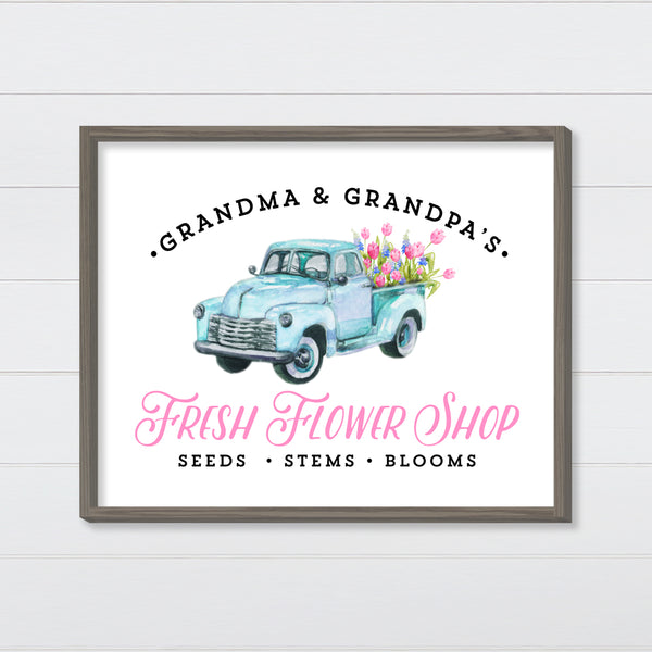Fresh Flower Shop - Vintage Blue Truck Canvas & Wood Sign Wall Art