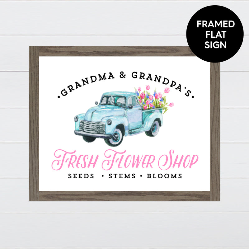Fresh Flower Shop - Vintage Blue Truck Canvas & Wood Sign Wall Art