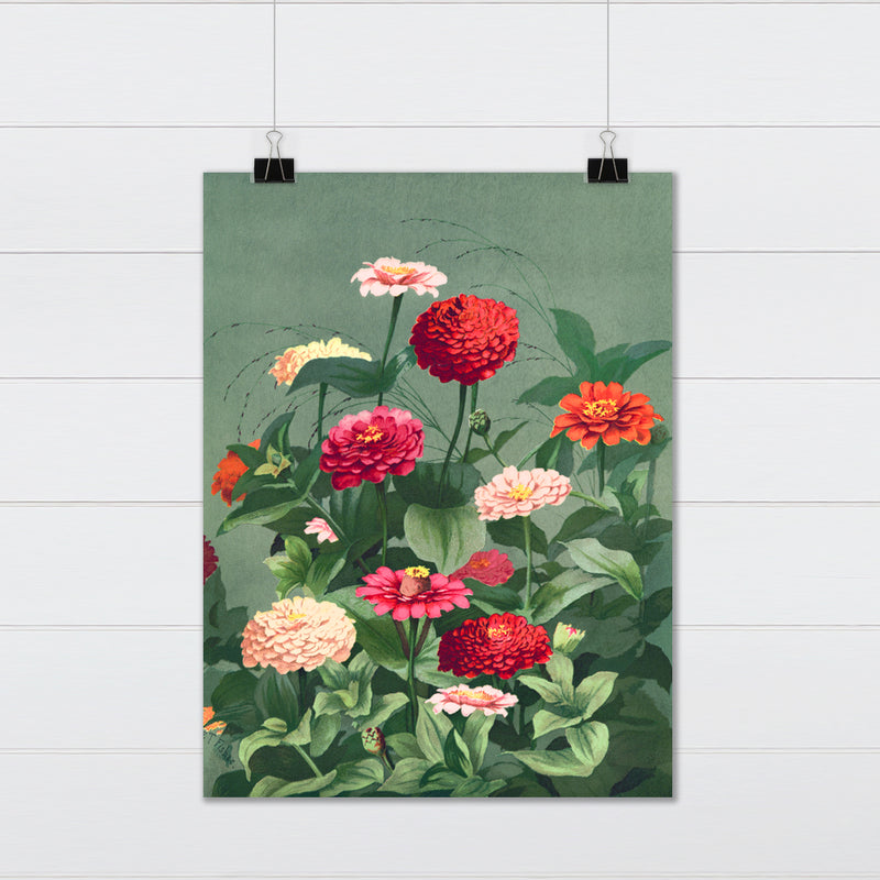 Vintage Flower Mural Green and Red Painting - by Prang and Co