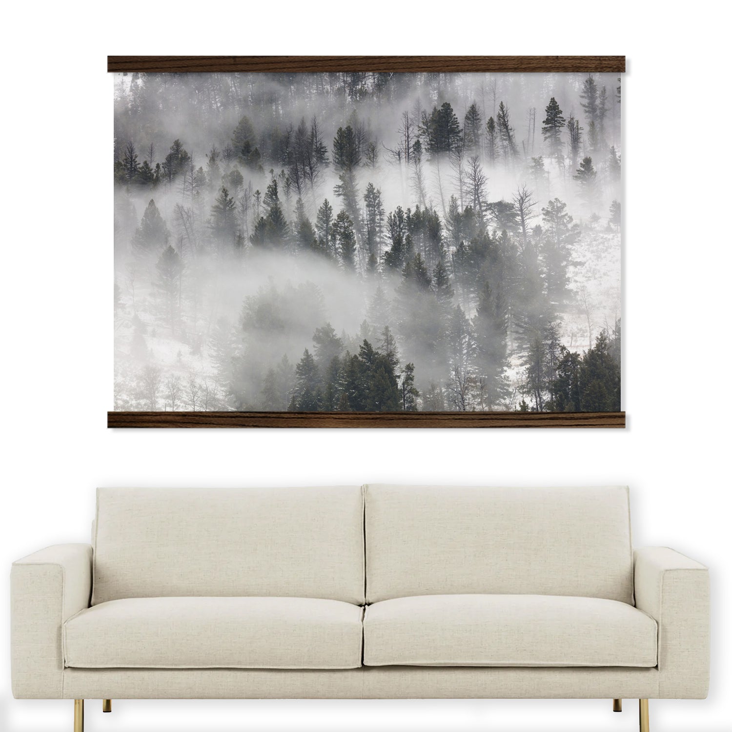 Foggy Pine Tree Forest Wall Art - Large Framed Hanging Canvas