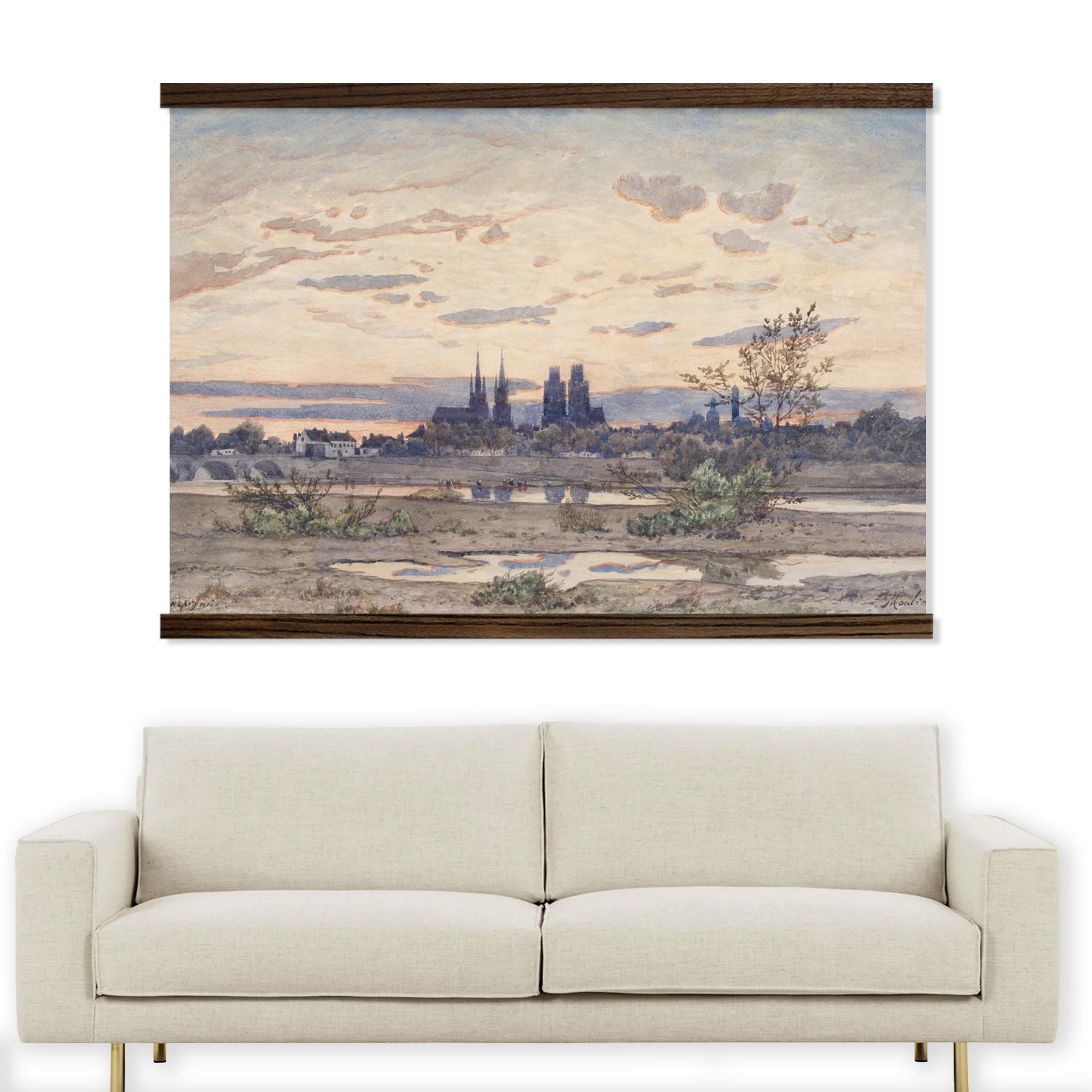 View of Moulins French Watercolor Landscape Large Canvas Wall Art