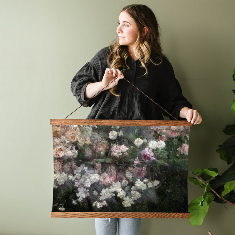 Vintage Painting of the Garden in May - Pink Roses with Dark Green and Black Background