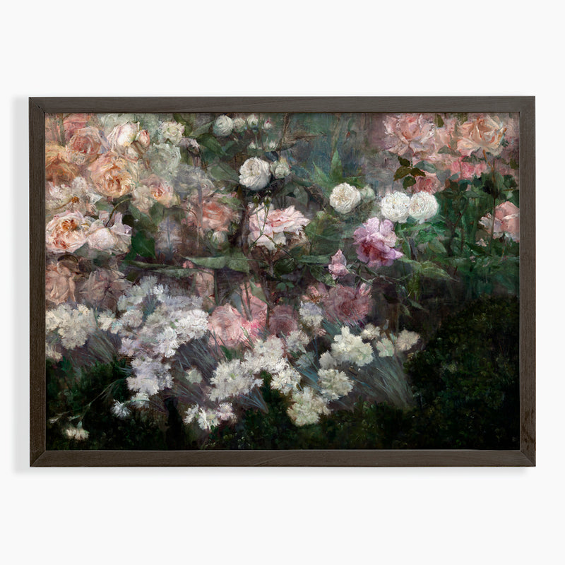 Vintage Painting of the Garden in May - Pink Roses with Dark Green and Black Background