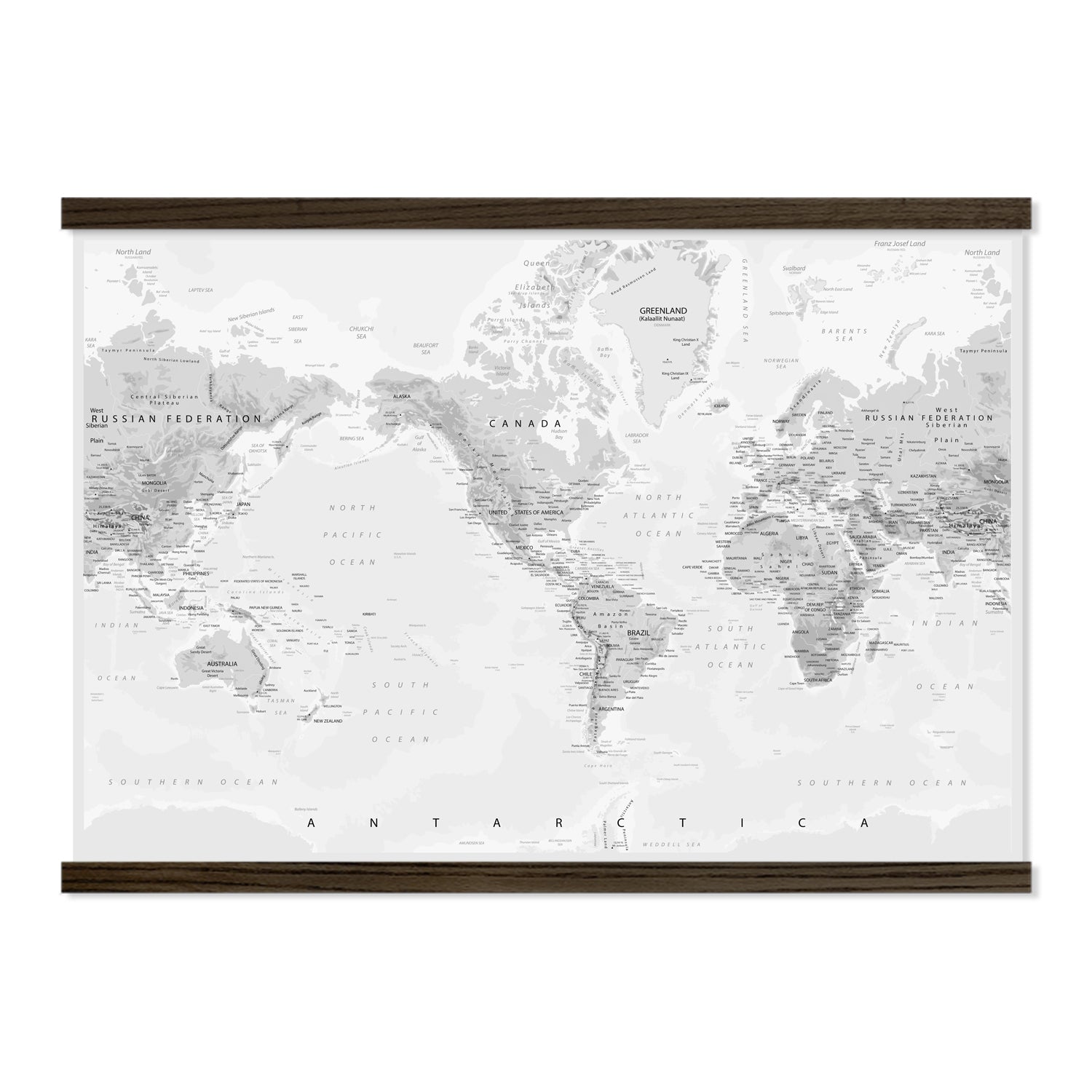 Gray World Map Wall Art - Large Canvas Print and Wood Frame