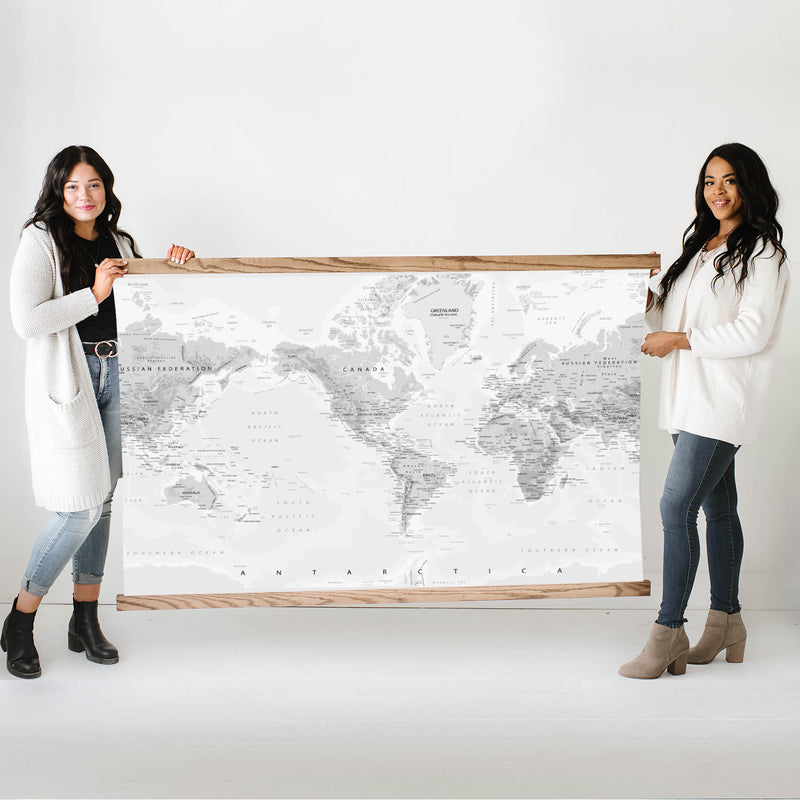 Gray World Map Wall Art - Large Canvas Print and Wood Frame