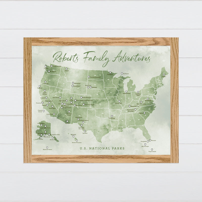 US National Park Map - Green Canvas & Wood Sign Wall Art