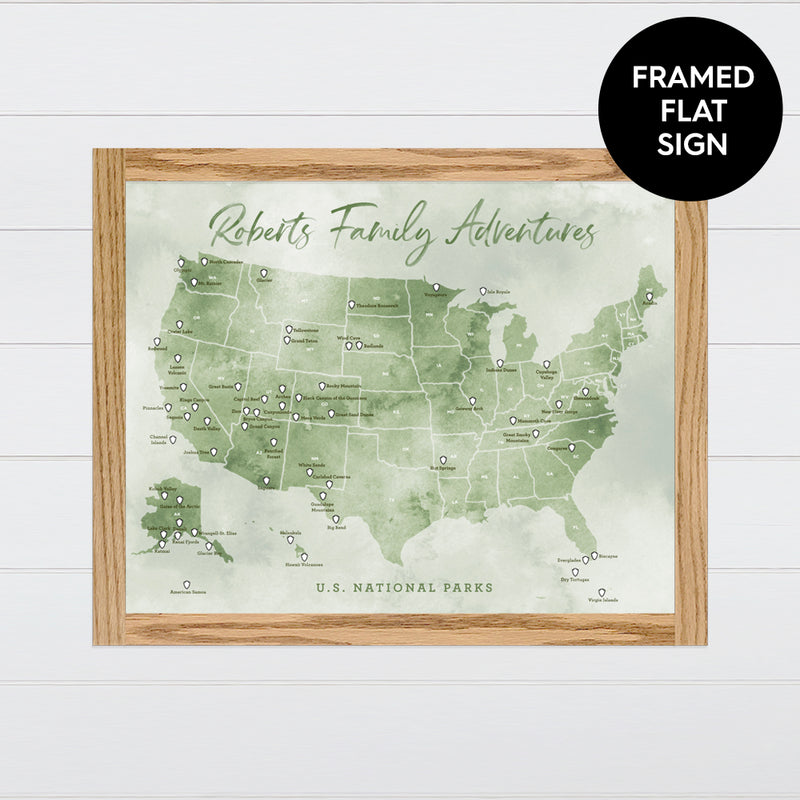 US National Park Map - Green Canvas & Wood Sign Wall Art