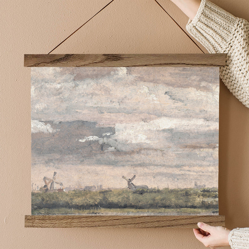 Hazy Windmills Vintage Pink and Gray Landscape Oil Painting