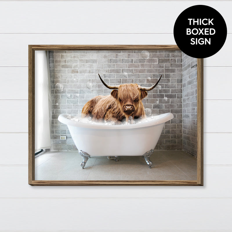 Highland Cow in a Bubble Bath Funny Bathroom Wall Art