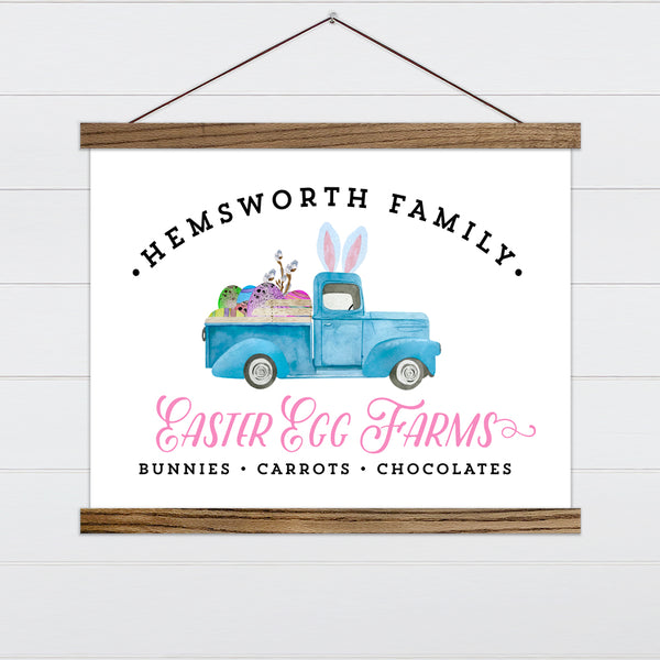 Custom Easter Egg Farm Sign - Vintage Blue Bunny Truck Canvas & Wood Sign Wall Art