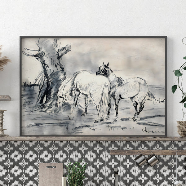 Two Horses Sketch - Art Print Black and White Drawing
