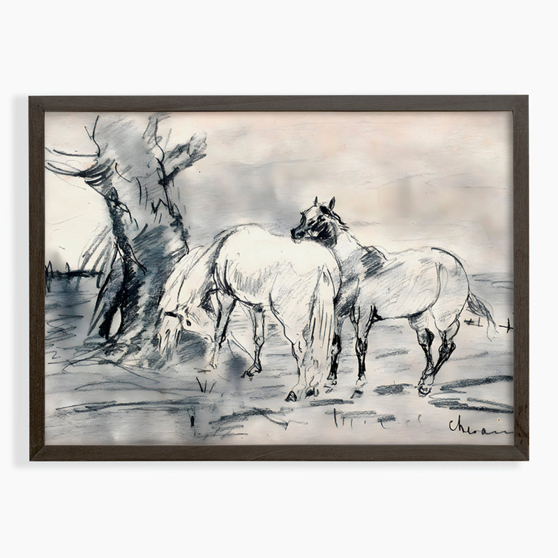 Two Horses Sketch - Art Print Black and White Drawing