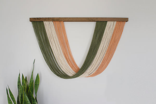 Fiber Art - Huntington Green Natural and Peach - Macrame Hanging String Tapestry