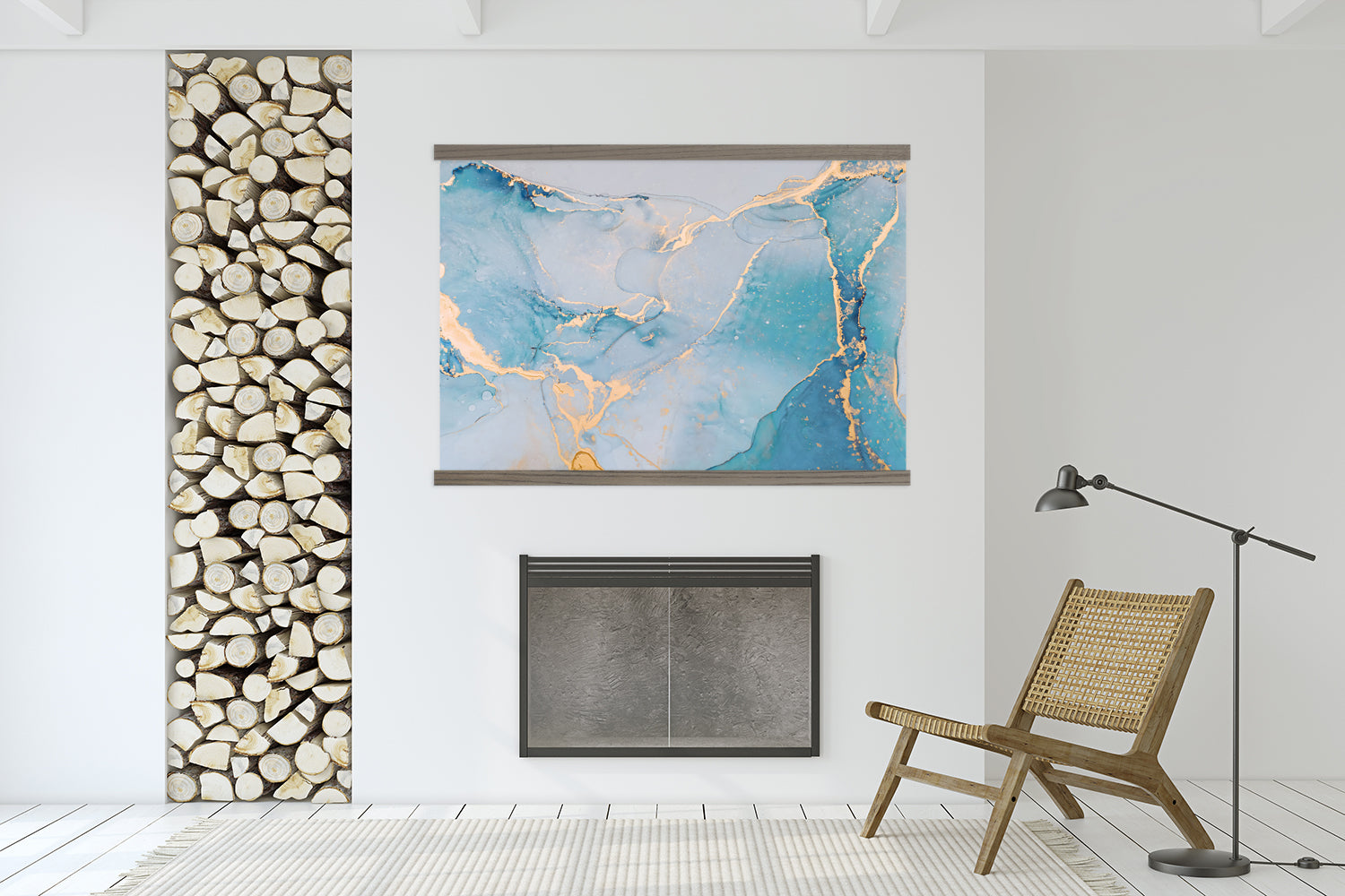 Modern Blue Marble Painting Canvas Print - Extra Large Framed Wall Hanging