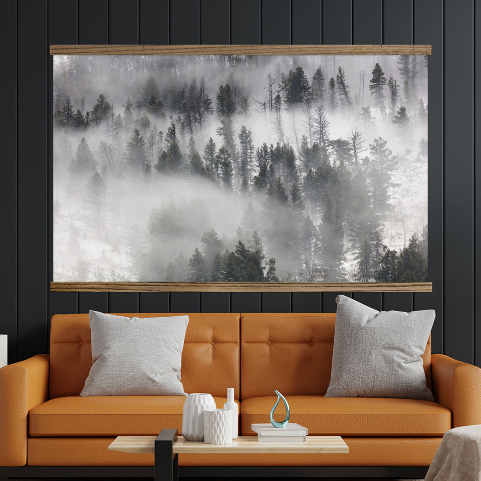 Foggy Pine Tree Forest Wall Art - Large Framed Hanging Canvas