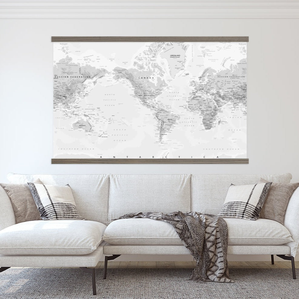 Gray World Map Wall Art - Large Canvas Print and Wood Frame