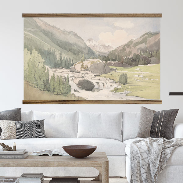 Mountain Valley Watercolor Landscape Painting on Large Canvas Tapestry