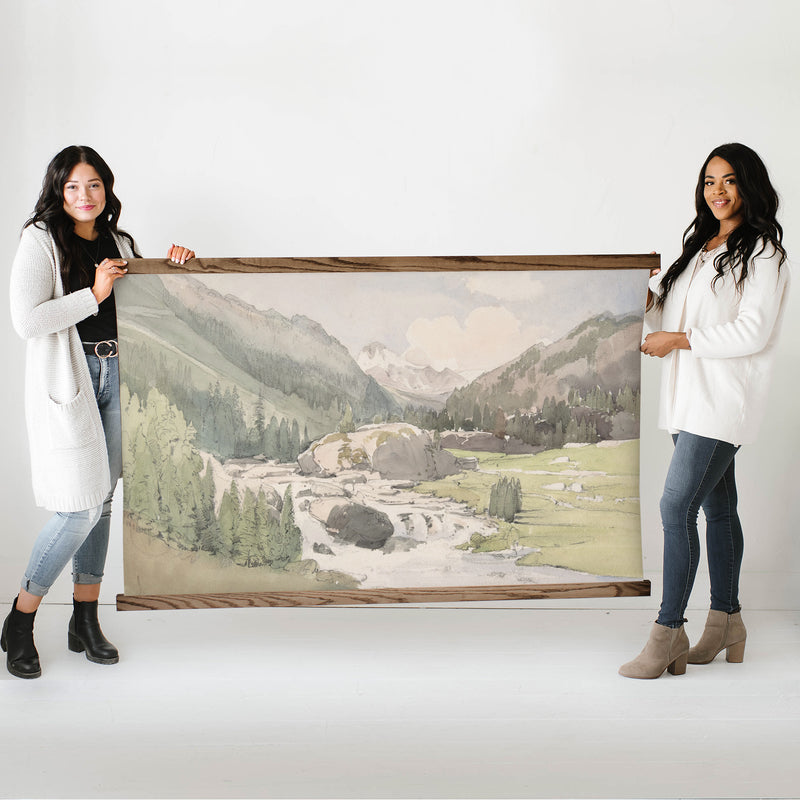 Mountain Valley Watercolor Landscape Painting on Large Canvas Tapestry