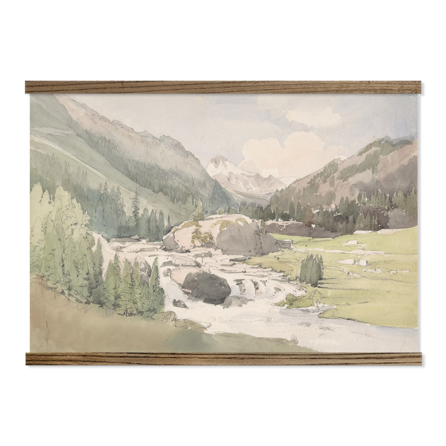 Mountain Valley Watercolor Landscape Painting on Large Canvas Tapestry