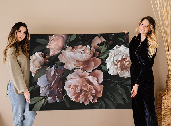 Dark Peony Flower Painting Mural Canvas - Large Vintage Floral Painting