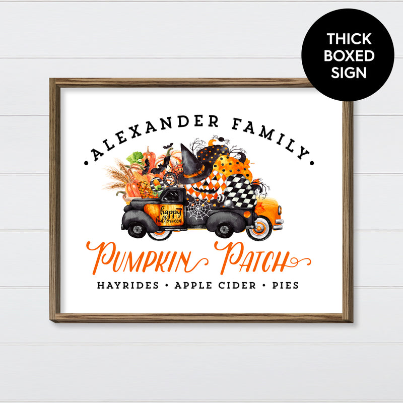 Halloween Pumpkin Patch Co. - Black & Orange Truck Canvas & Wood Sign Wall Art