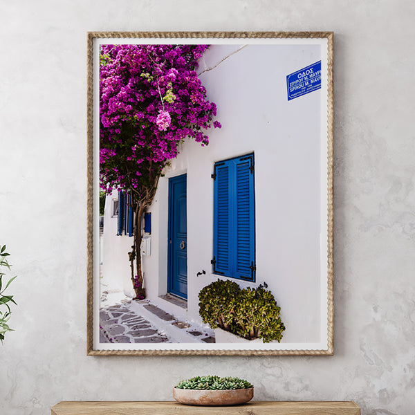 Purple Flowers and a White Building Fine Art Print - Giclee Fine Art Print Poster or Canvas