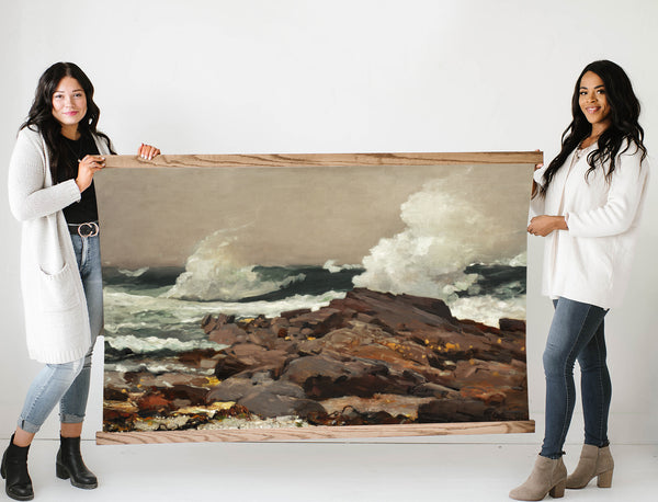 Extra Large Rocky Shores Vintage Painting on Canvas with Oak Wood Frame