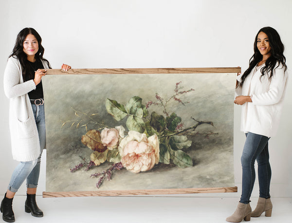 Vintage Roses Large Canvas Tapestry with Wood Frame
