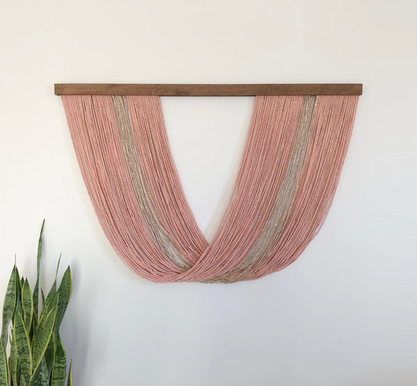 Fiber Art - Santa Fe Pink, Gold, and Rose Gold - Macrame Hanging String Tapestry