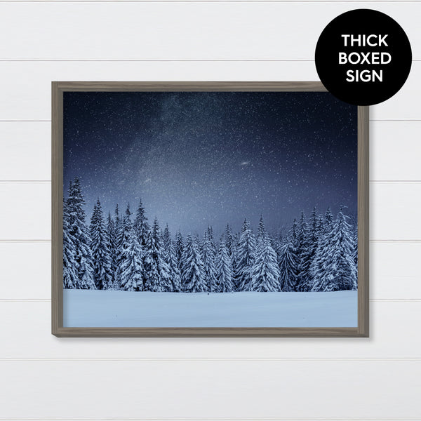 Snowy Pines at Night Canvas & Wood Sign Wall Art