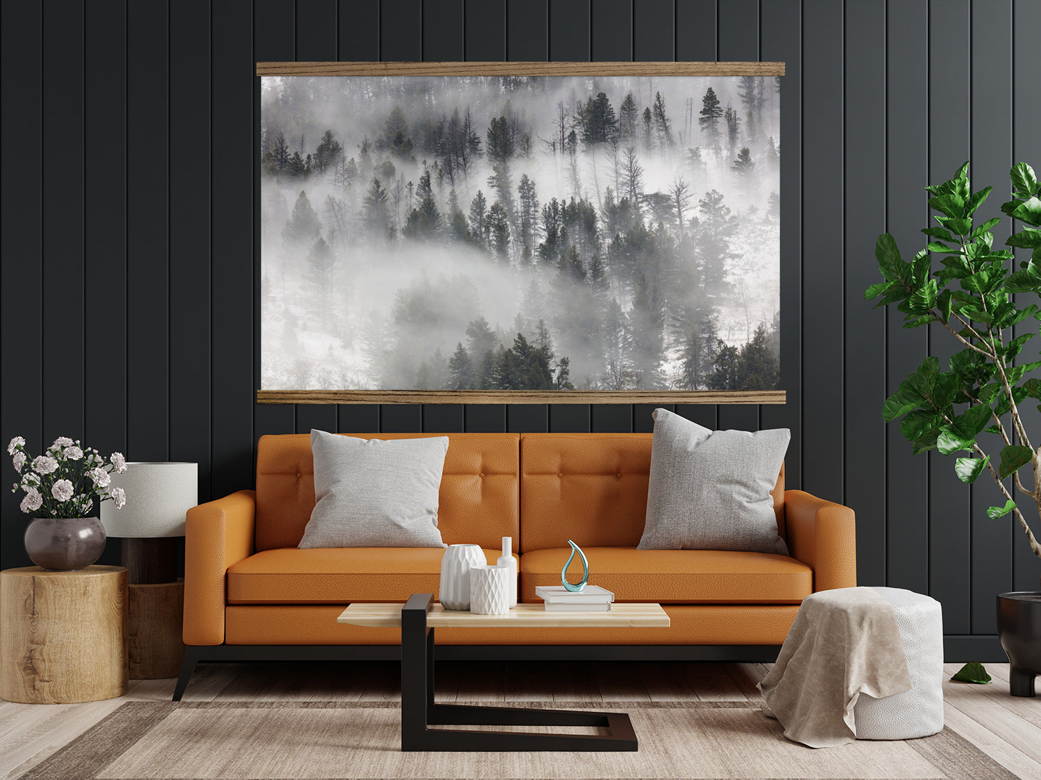 Foggy Pine Tree Forest Wall Art - Large Framed Hanging Canvas