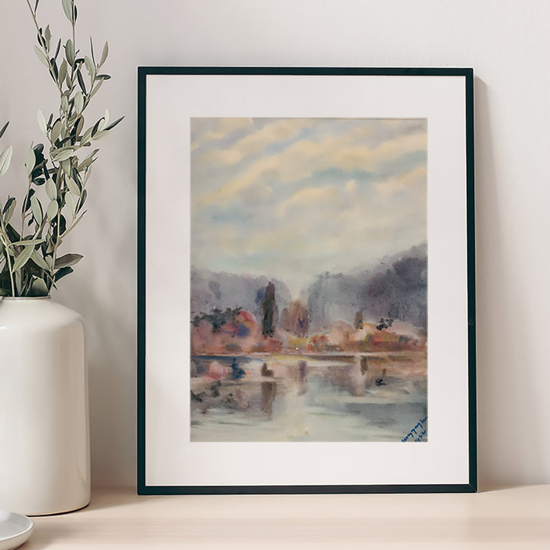 Twilight Pond Neutral Watercolor Painting Giclee Fine Art Print Poster or Canvas