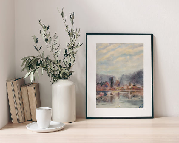 Twilight Pond Neutral Watercolor Painting Giclee Fine Art Print Poster or Canvas