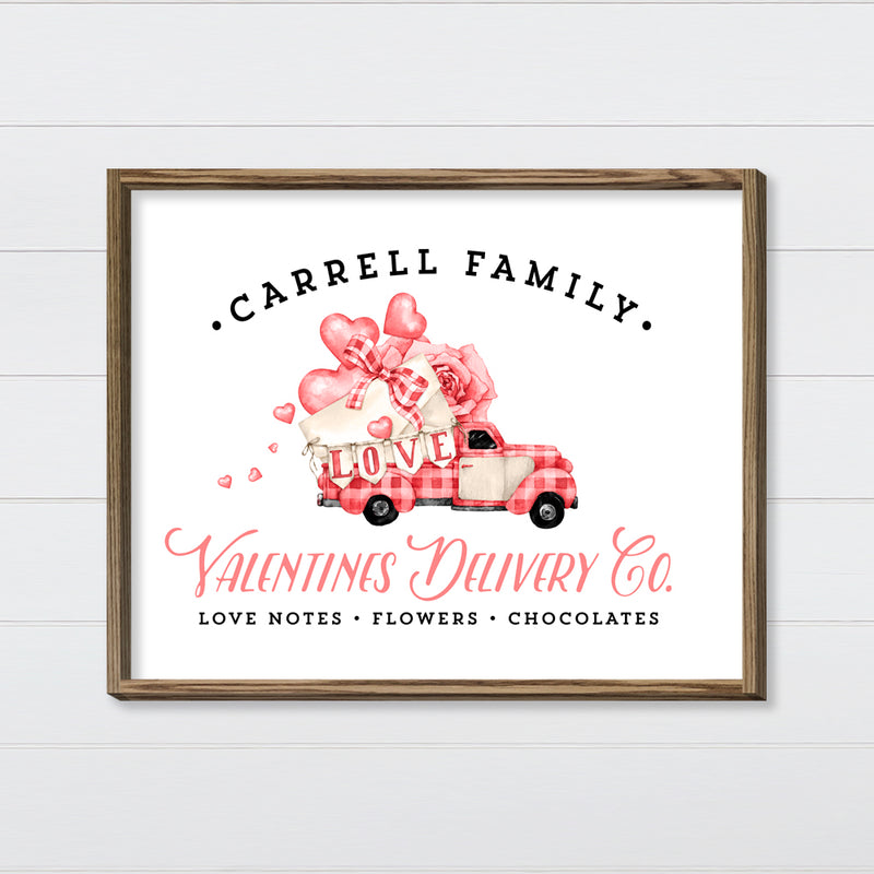 Valentines Delivery Co. - Pink and Red Checkered Truck Canvas & Wood Sign Wall Art