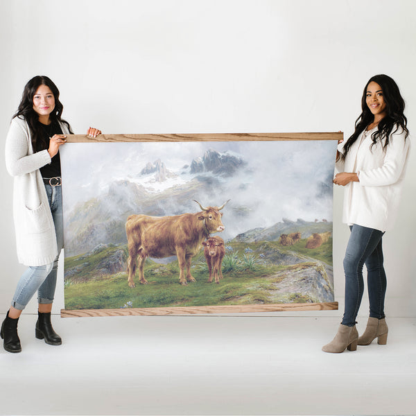 Mountain Cows - Extra Large Farmhouse Painting Canvas Wall Art Print