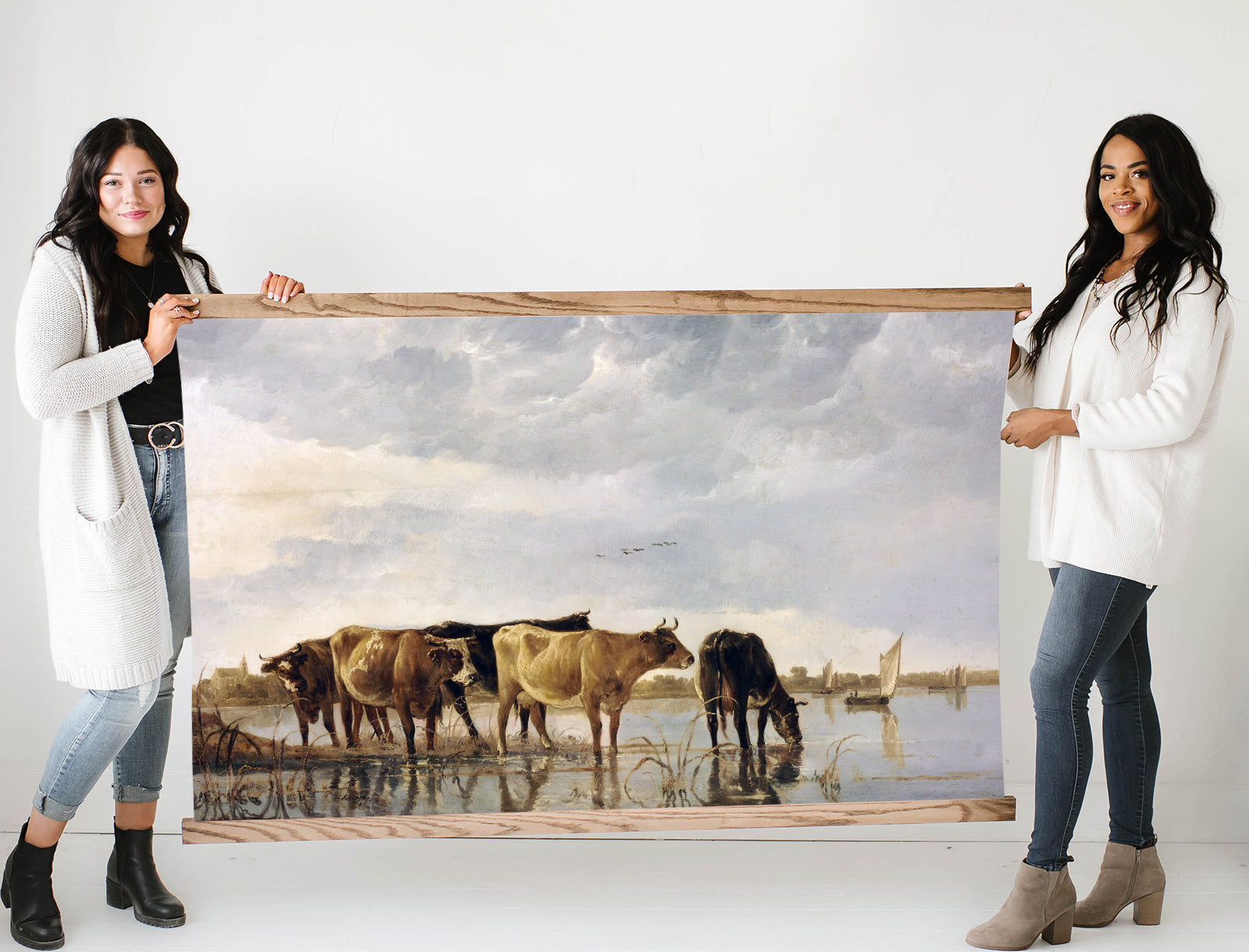 Vintage Cows in River Painting Extra Large Canvas Tapestry