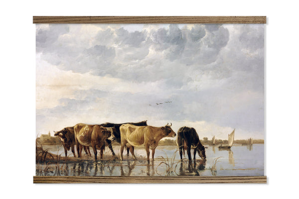 Vintage Cows in River Painting Extra Large Canvas Tapestry