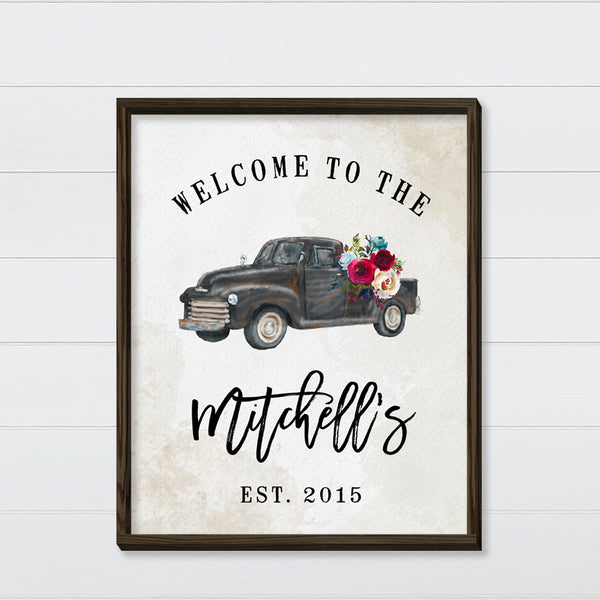Welcome Vintage Truck - Black Canvas & Wood Sign Wall Art