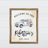 Welcome Vintage Truck - White Canvas & Wood Sign Wall Art