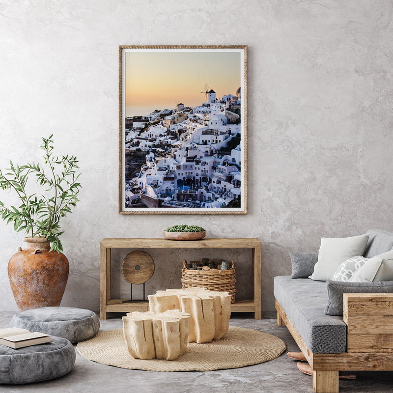 White Buildings in Greece at Sunrise Fine Art Print - Giclee Fine Art Print Poster or Canvas
