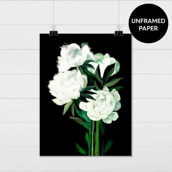 White Peonies on Black - Canvas & Wood Sign Wall Art