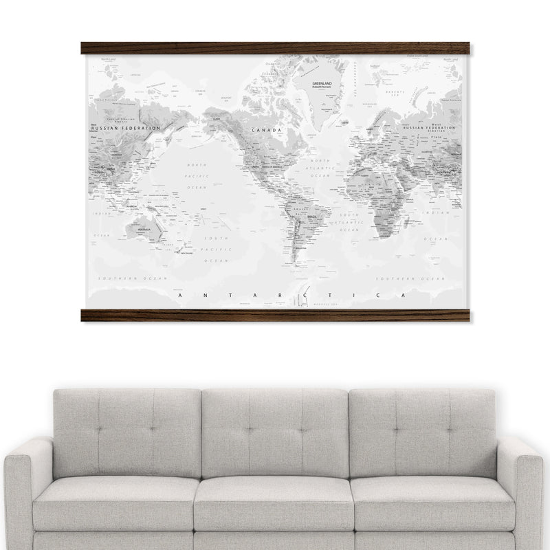 Gray World Map Wall Art - Large Canvas Print and Wood Frame